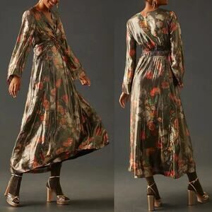 Anthropologie Caballero Deep V-Neck Maxi Dress Size Medium Shimmery Fall Floral